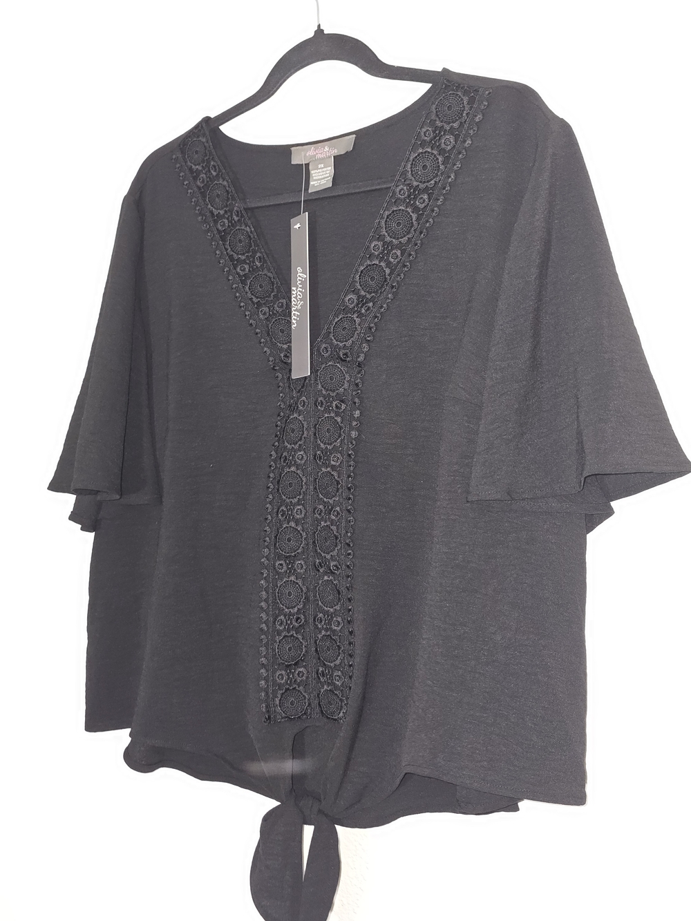 Black V-Neck Tie-Front Blouse with Crochet Trim
